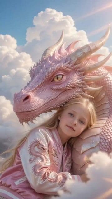 Girl hugging pink dragon — cover