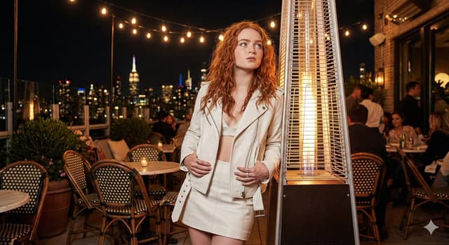 Product Marketing - Sadie Sink in White Leather on a Rooftop Patio — output