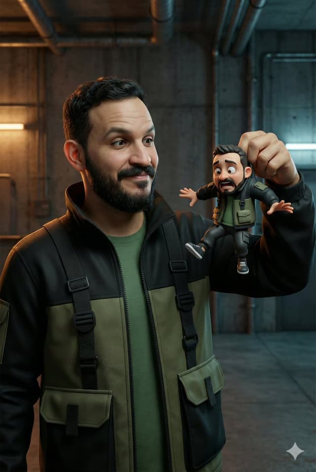 Ultra-Realistic Man Holding Cartoon Miniature of Self — output