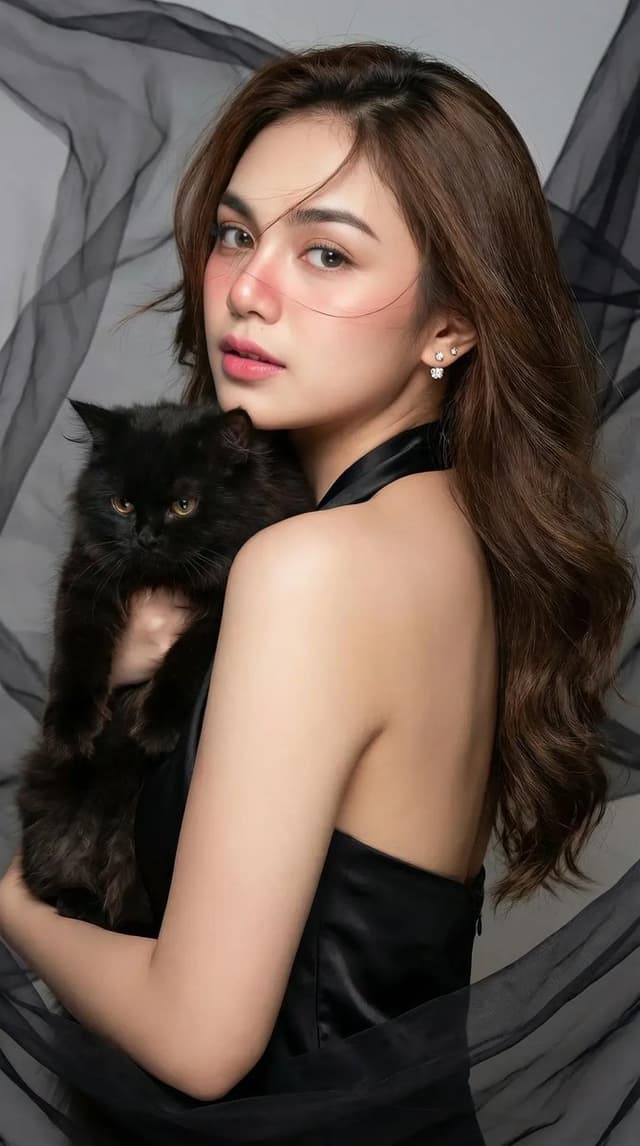 High-Fashion Portrait of an Asian Woman with a Black Cat — output