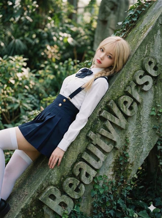 High-Fashion Garden Editorial with Tilted Stele Effect — output