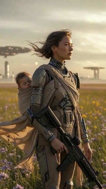 Futuristic Warrior Mother in Flower Field — cover