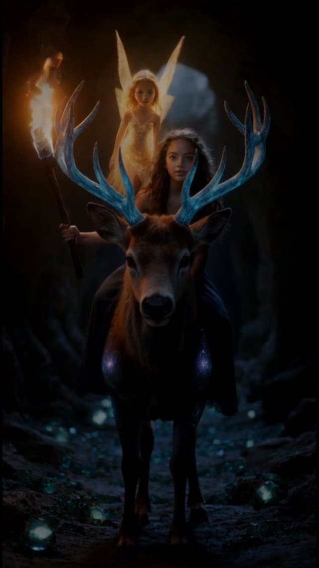 Grok Imagine Video Prompt: Girl, Deer, and Fairy Exiting a Cave — cover