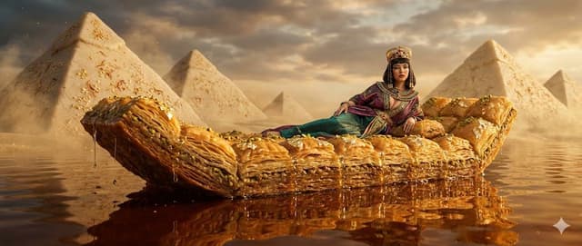 Product Marketing - Sydney Sweeney as Cleopatra on a Baklava Barge Food Art Fantasy — output