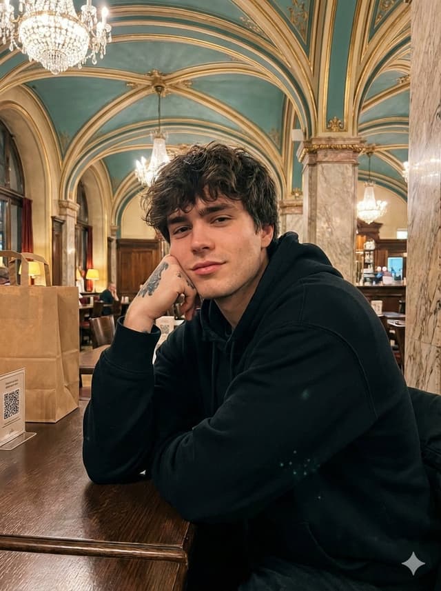 Opulent Café Portrait with Voluminous Hair — output