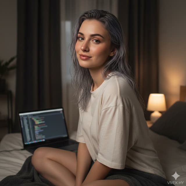Cozy Bedroom Portrait with Code Editor Prompt — output