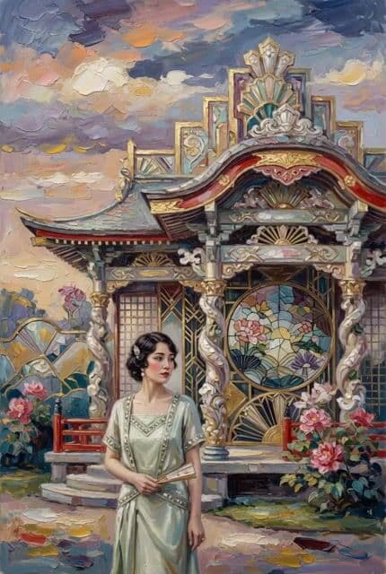 Woman at Abstract Pavilion Oil Painting Video — cover