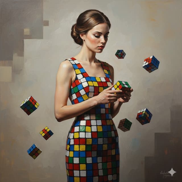 Hyper-realistic portrait of model in Rubik's cube dress — output