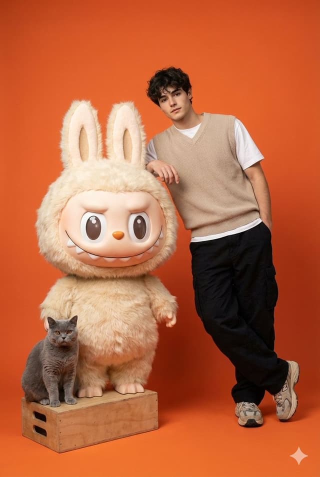 Gen-Z Streetwear Model with Labubu and British Shorthair — output