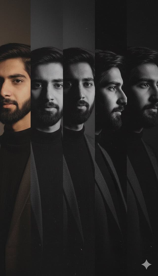 High-Contrast Noir Portrait Collage with Color Shifts — output