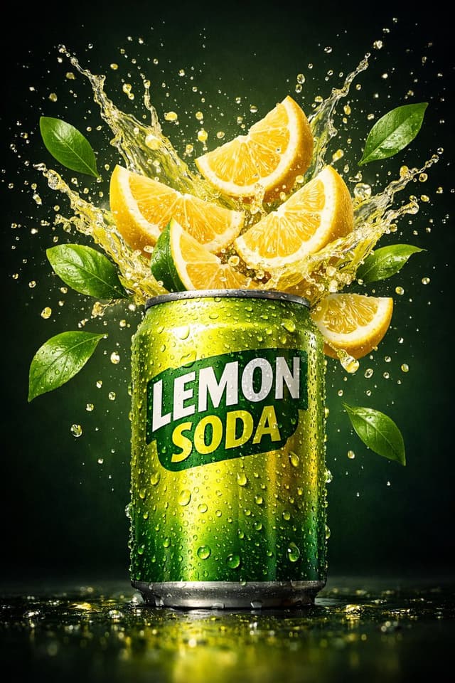 E-commerce Main Image - Hyper-realistic commercial product shot of a lemon soda can — output