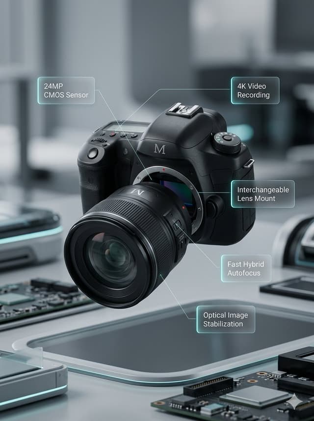 E-commerce Main Image - Deconstructed and Assembled M DSLR Camera Visualization — output