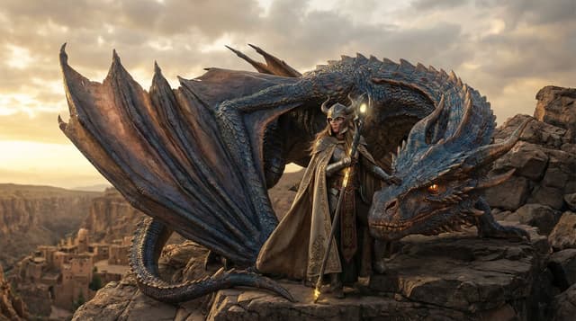 Cinematic video of a female warrior climbing onto a dragon and taking flight — cover