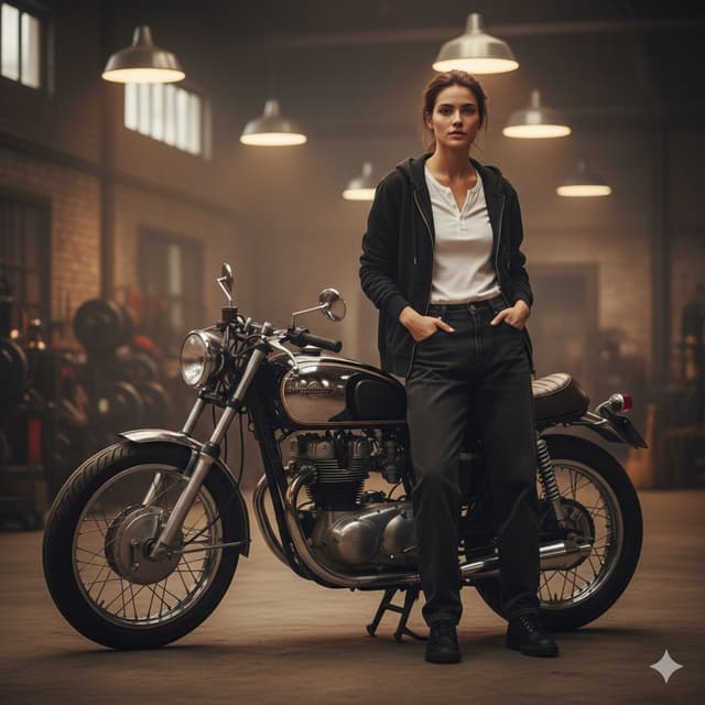 Cinematic Medium Shot of Woman on Cafe Racer — output
