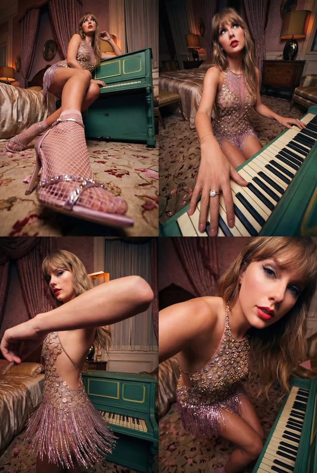 Four-frame vintage glamour collage of a woman in a crystal bodysuit at a piano — output