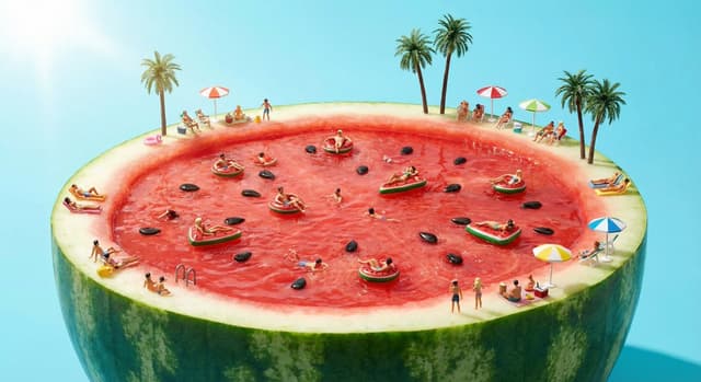 Watermelon swimming pool micro-world — output