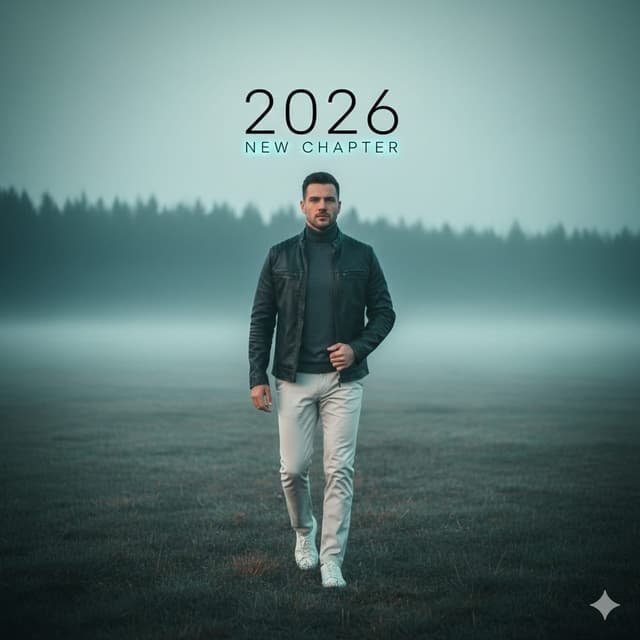 Cinematic Portrait: Man Walking in Foggy Meadow with Typography — output