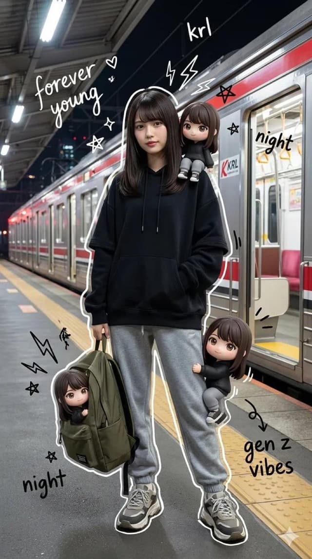 Mixed-Media Portrait of Gen Z Teenager with Chibi Clones — output