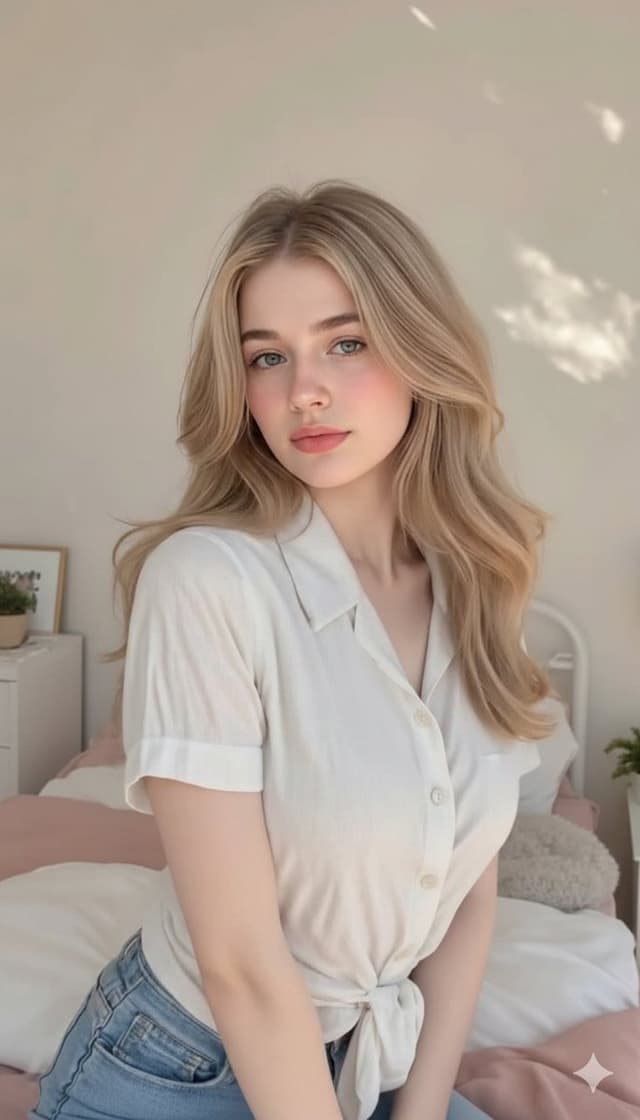 Photorealistic Blonde Woman in Cozy Bedroom Prompt — output