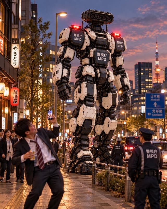 YouTube Thumbnail - Giant Robot Police Officer in Tokyo