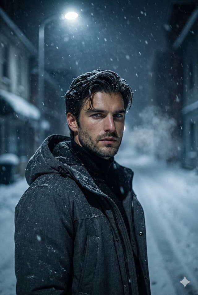 Winter Noir Cinematic Portrait of Man in Snowy Street — output