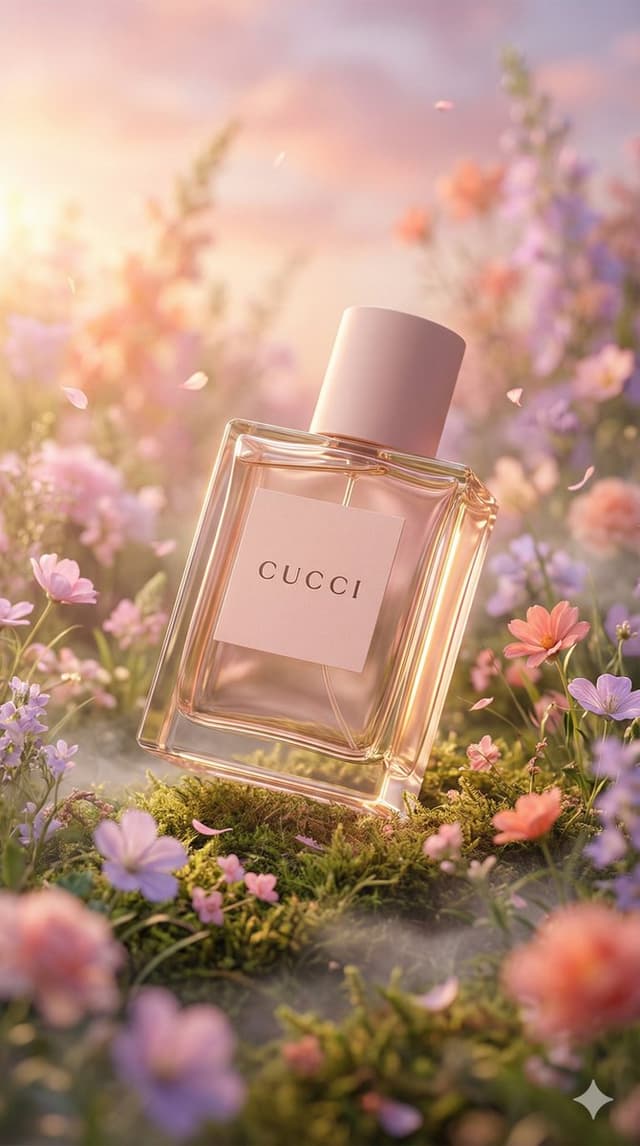 E-commerce Main Image - Hyper-realistic luxury perfume product shot in fantasy meadow — output