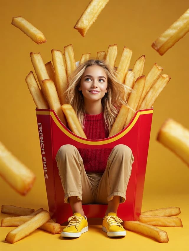 Surreal Commercial Photography of Woman in Giant French Fry Carton — output