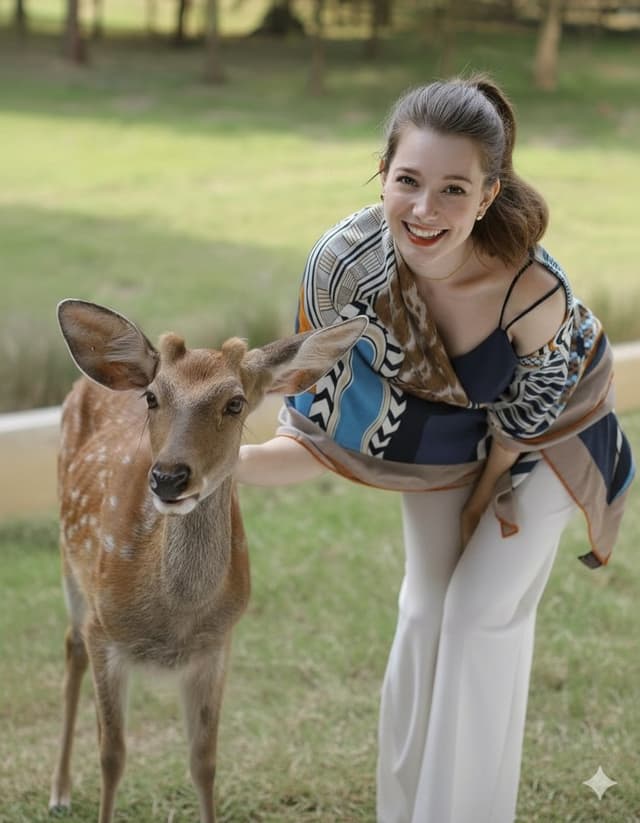 Photorealistic portrait of a woman feeding a fallow deer — output