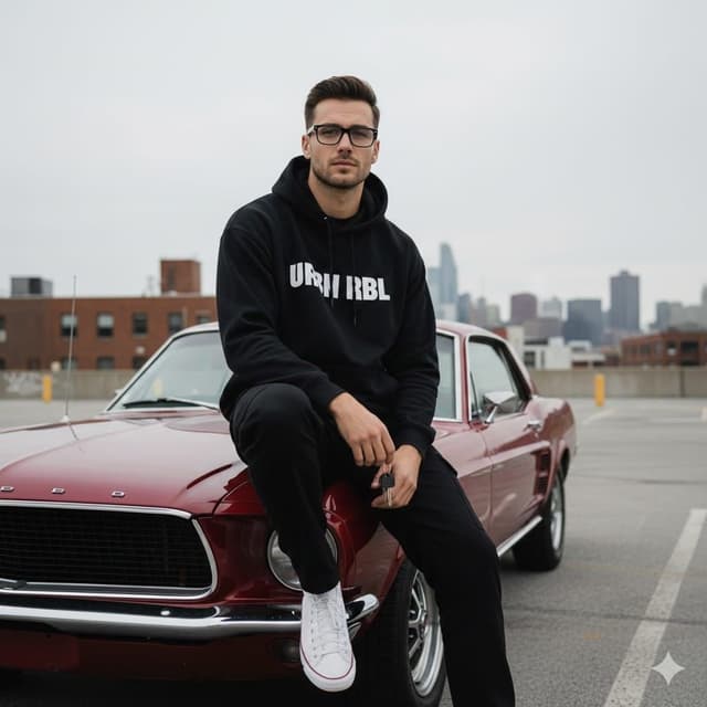 Urban Lifestyle Portrait on Vintage Muscle Car Prompt — output