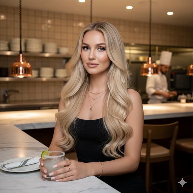 Detailed portrait of Polina Gagarina in a restaurant kitchen — output
