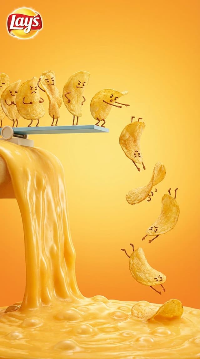 Anthropomorphic Potato Chips Diving into Cheese Sauce — output