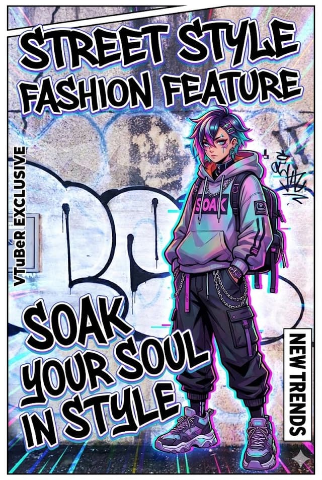 VTuber-style street-fashion thumbnail from a city photo — output