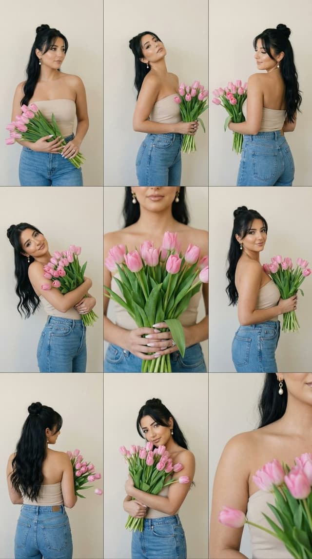 Social Media Post - Editorial Contact Sheet Prompt: Woman with Pink Tulips — output