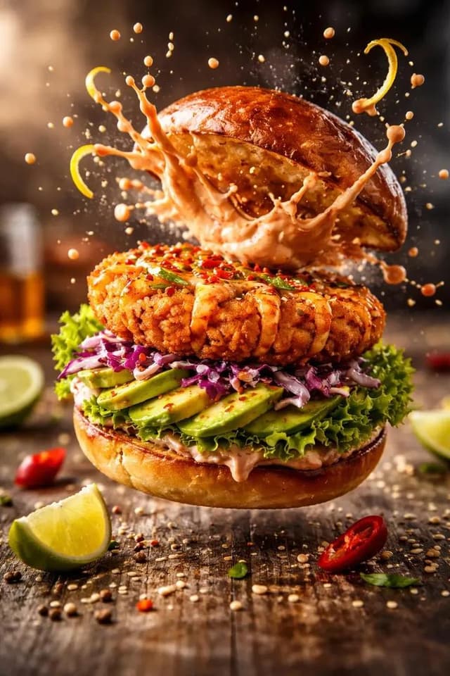 Cinematic Mid-Air Shrimp Burger Photo Prompt — output