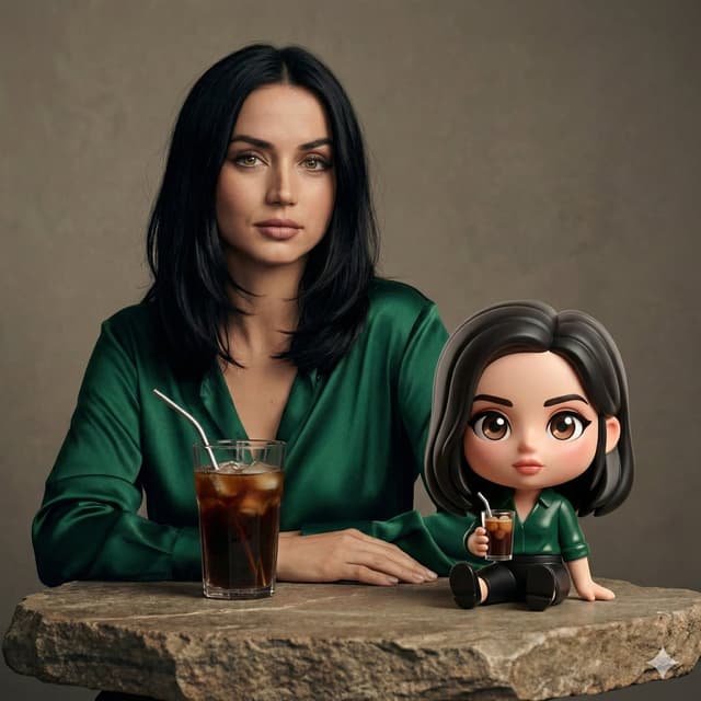 Cinematic Studio Portrait of Ana de Armas with Chibi Figure — output