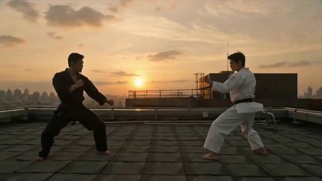Rooftop Martial Arts Fight at Sunset — cover