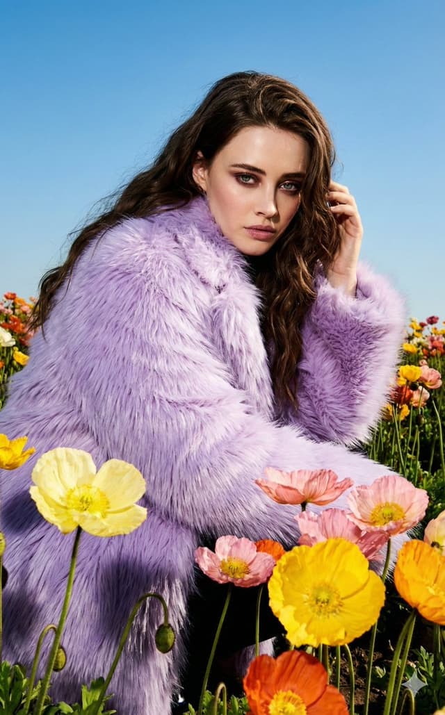 Harsh Flash Fashion Portrait in Flower Field Prompt — output