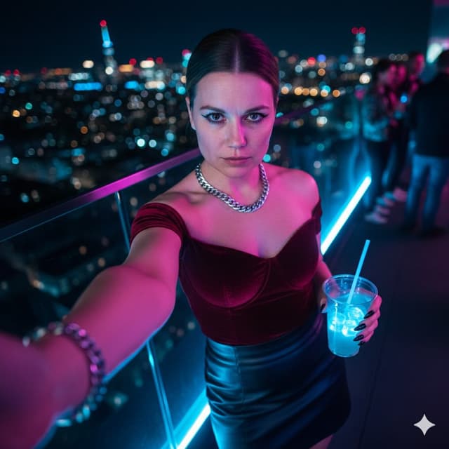 Cyberpunk Rooftop Selfie with Cold Stare — output