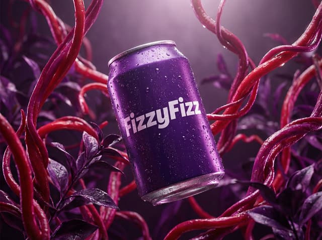 E-commerce Main Image - Surreal Product Shot Prompt: Purple Beverage Can with Organic Tendrils — output