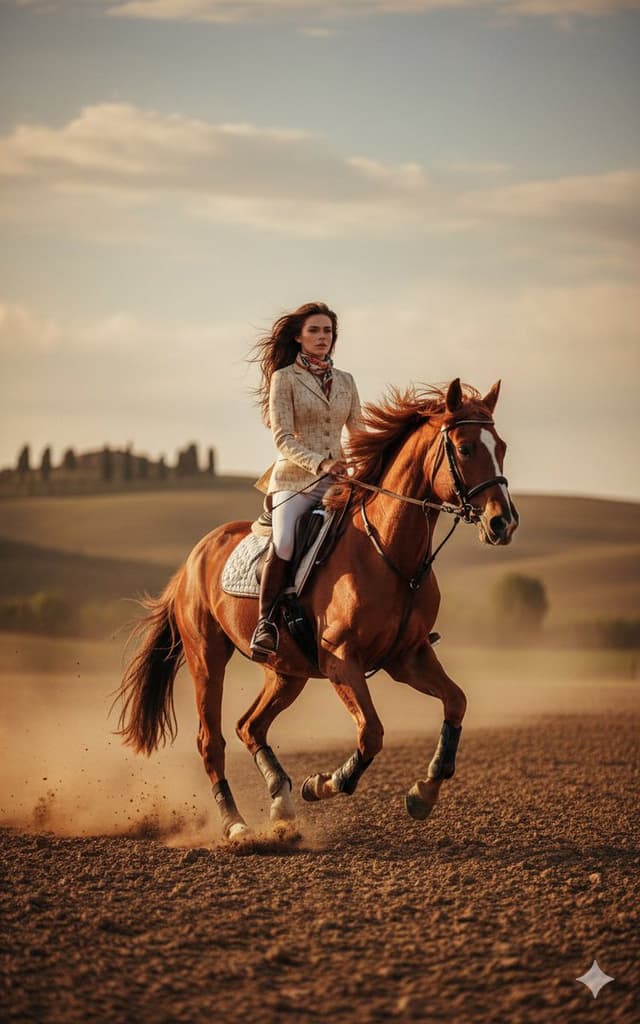 Dynamic Equestrian Model in Tuscan Fields at Golden Hour — output