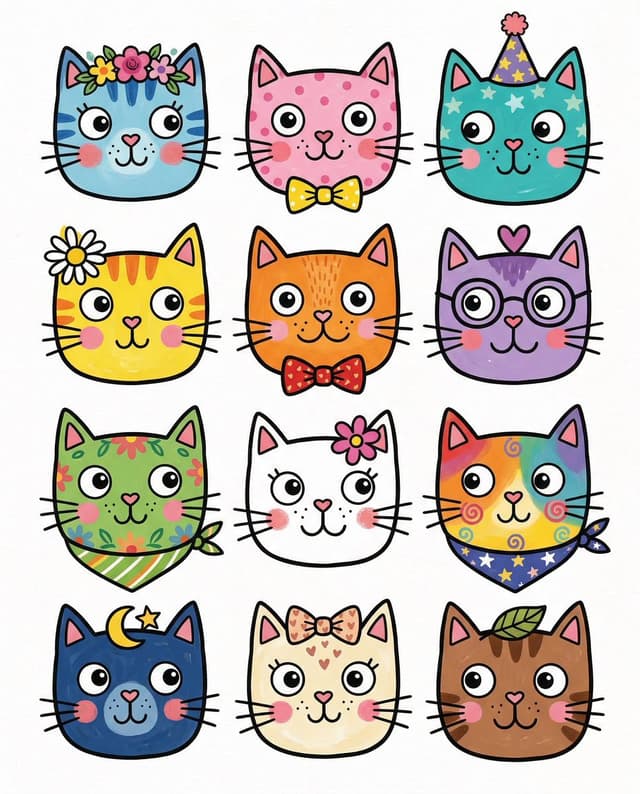 Game Asset - Stylized Grid of Whimsical Cat Faces — output
