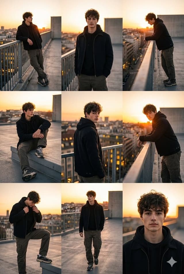 3x3 Cinematic Fashion Collage on a Rooftop at Sunset — output
