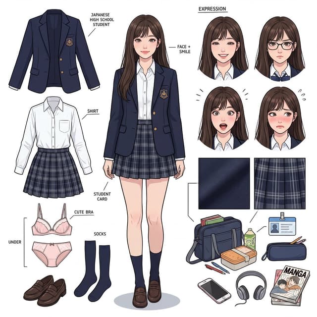 Game Asset - Panoramic Character Concept Sheet for 17-Year-Old Japanese JK — output