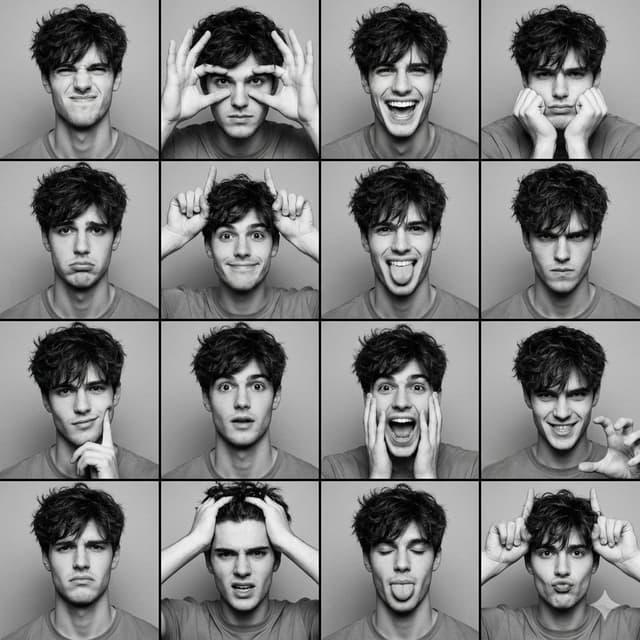 Profile / Avatar - Black and White Photobooth Expression Grid (4x4) — output