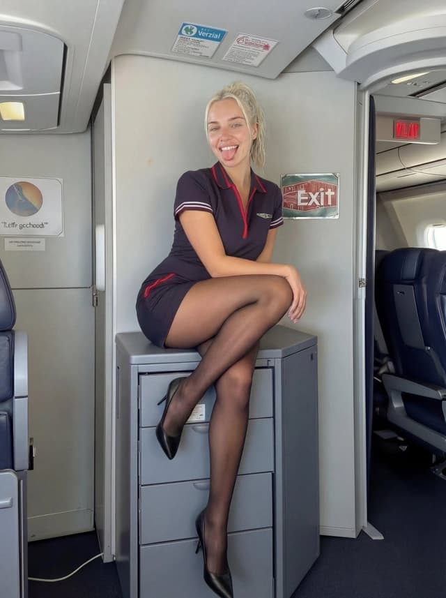 Playful off-duty cabin crew flash photo prompt — output