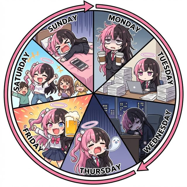 Infographic / Edu Visual - Infographic prompt for 'Monday to Sunday' infinite loop manga — output