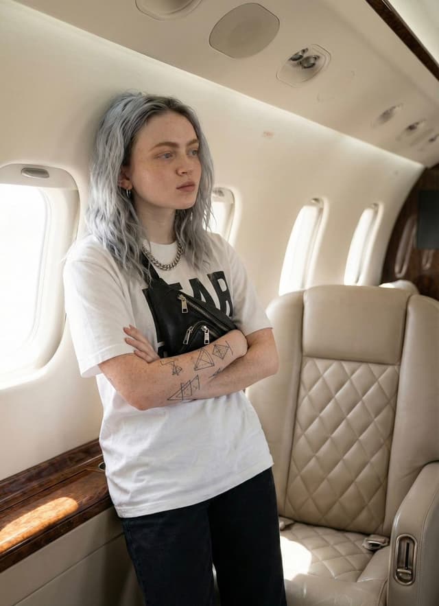 Profile / Avatar - JSON Prompt for Edgy Portrait of Sadie Sink in Private Jet — output