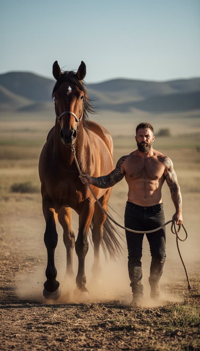 Product Marketing - Hyper-realistic cinematic photograph of man and powerful horse — output