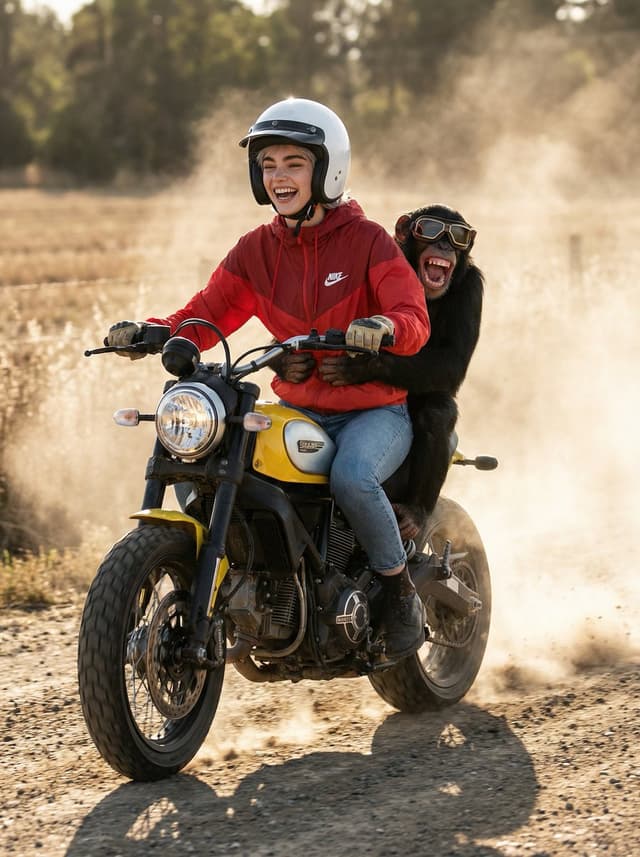 Cinematic Action Photo and Video Prompt (Woman and Chimpanzee on Motorcycle) — output