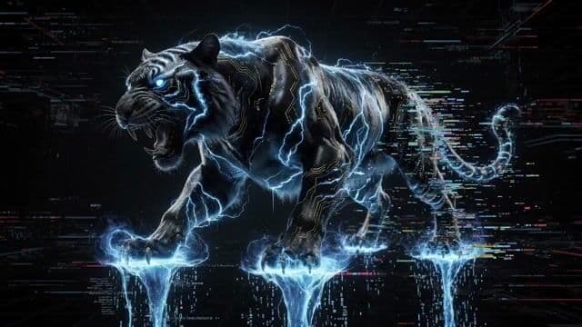 Hyper-realistic cyberpunk glitch art prompt for a massive electric tiger — cover